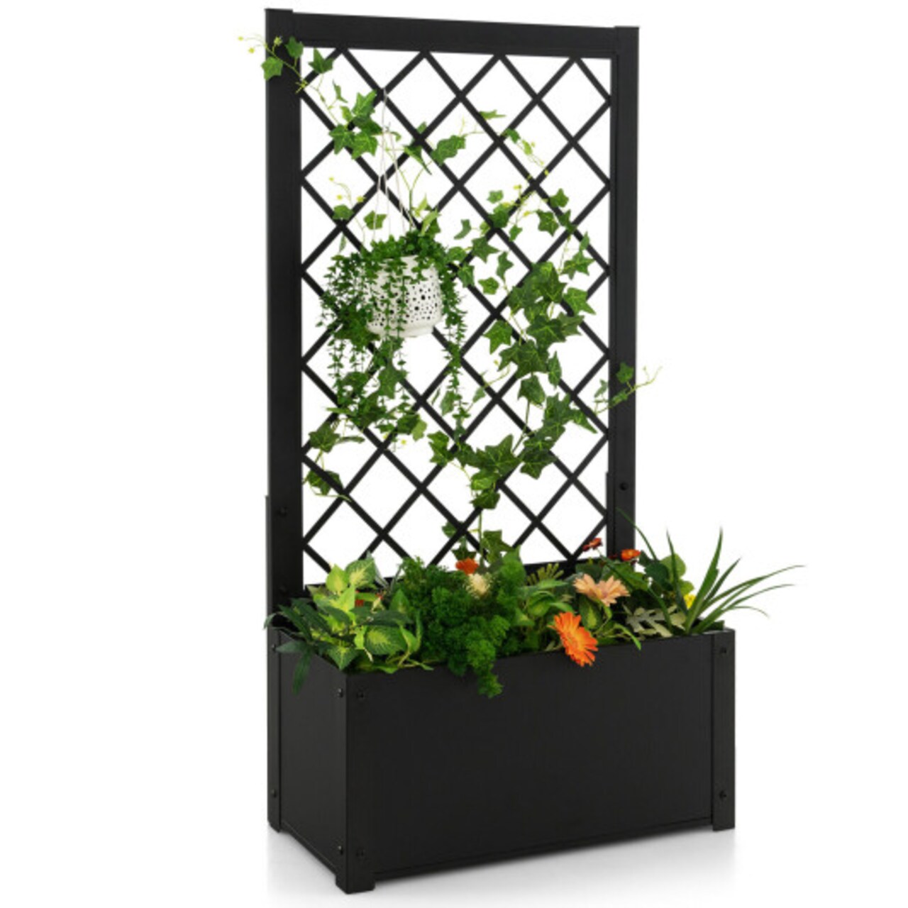 Black Metal Raised Garden Planter with Diamond Trellis 25 Inch Deep Plant Bed